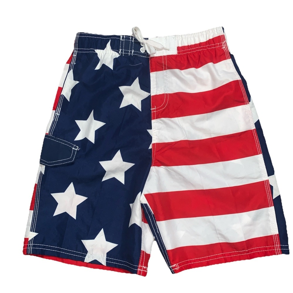 Kanu Surf Patriotic USA Flag Swim Trunks Boys M 14/16 UPF 50+ Shorts